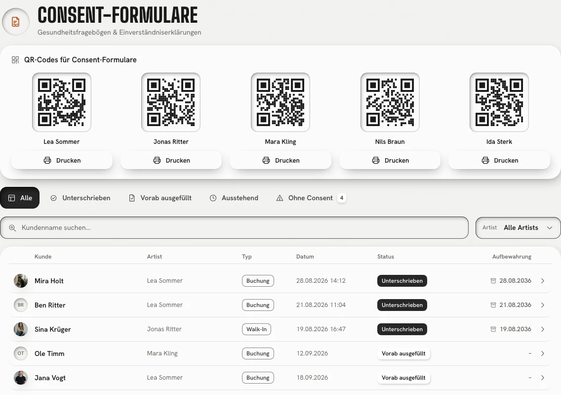 Die Consent-Formulare eines Studios: QR-Codes je Artist zum Drucken und die Liste der Formulare mit Typ, Status und Aufbewahrungsfrist