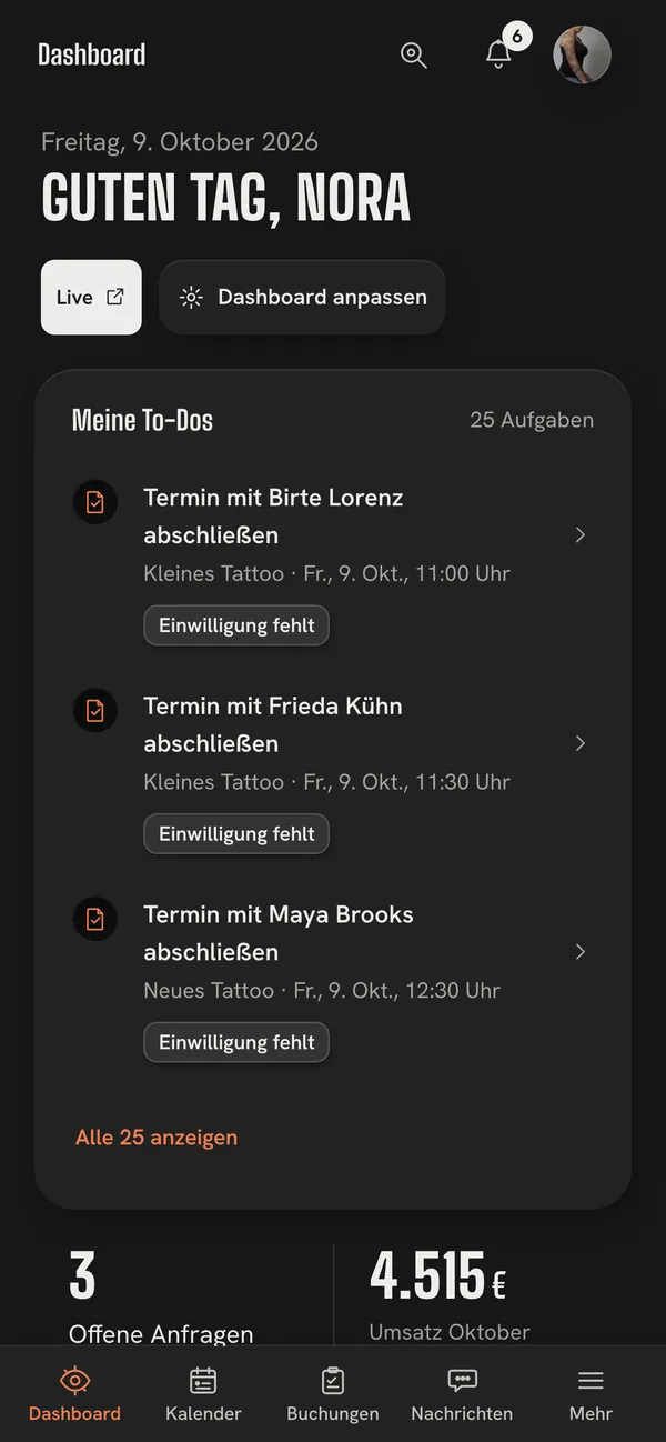 Das Dashboard am Handy: Meine To-Dos, darunter offene Anfragen und Umsatz