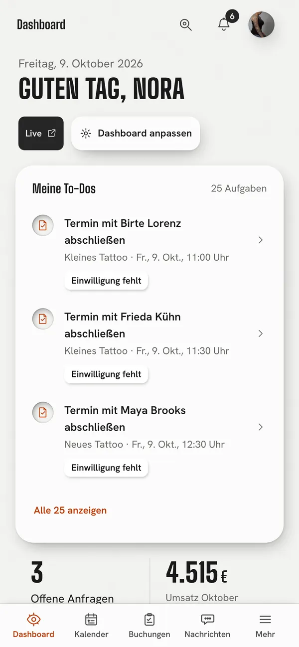 Das Dashboard am Handy: Meine To-Dos, darunter offene Anfragen und Umsatz