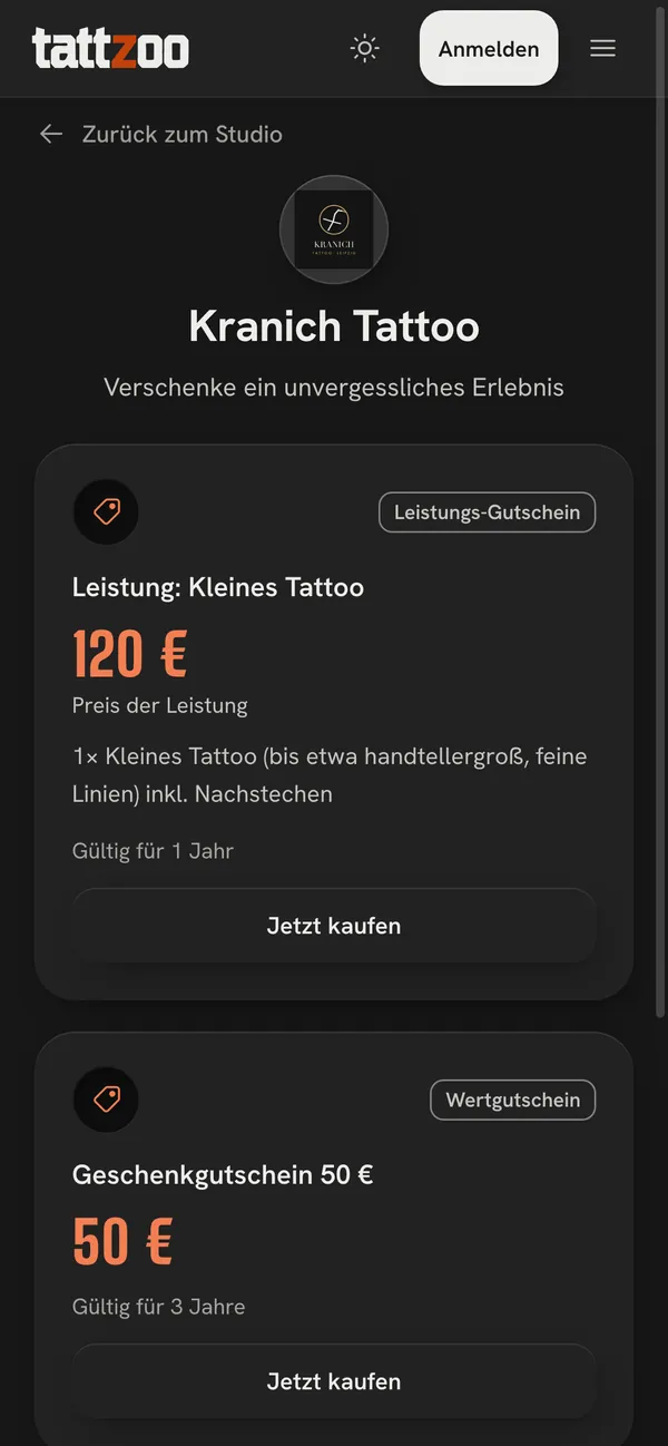 Der Gutschein-Shop eines Studios: Leistungs-Gutschein und Wertgutschein mit „Jetzt kaufen“