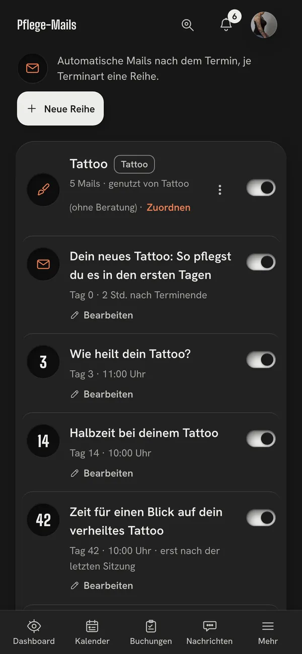 Die Pflege-Mails eines Studios: eine Reihe je Terminart mit Tag 0, 3, 14 und 42