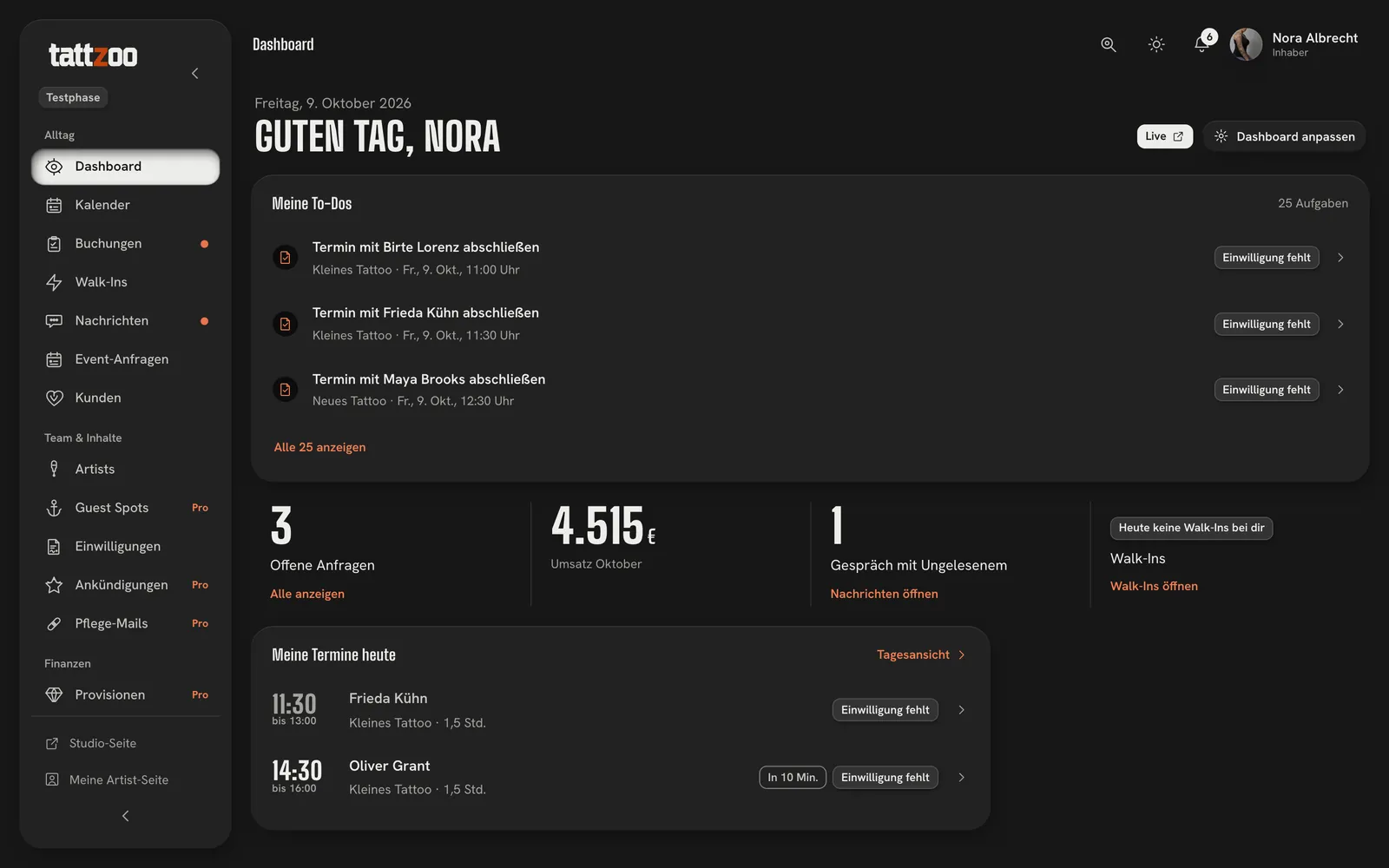 Das Dashboard eines Studios: „Meine To-Dos“ mit den Terminen von heute, die noch abzuschließen sind, darunter offene Anfragen, Umsatz, Nachrichten und Walk-Ins