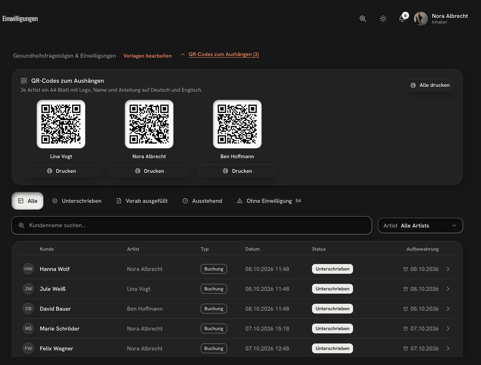 Die Einwilligungen des Studios: QR-Codes je Artist zum Aushängen und die Liste der Bögen